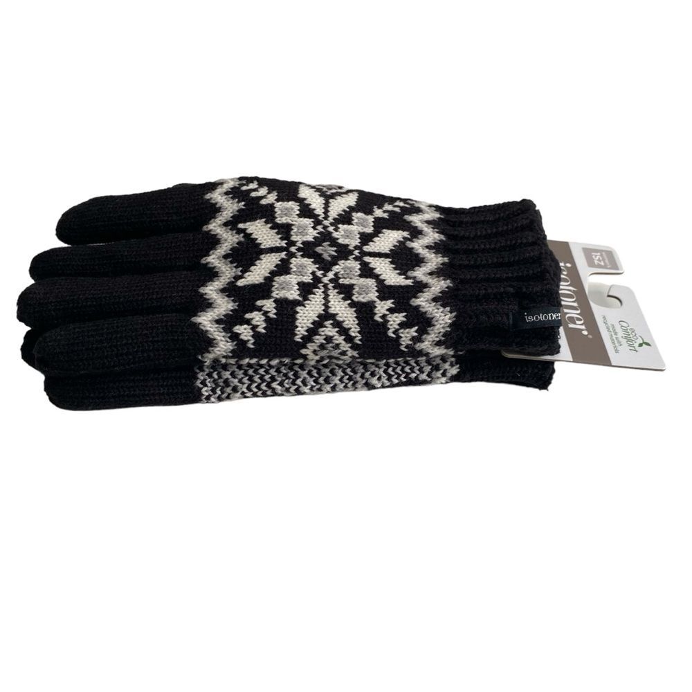 NWT Isotoner Adult Snowflake Knit Gloves One Size Black NEW - Picture 4 of 10